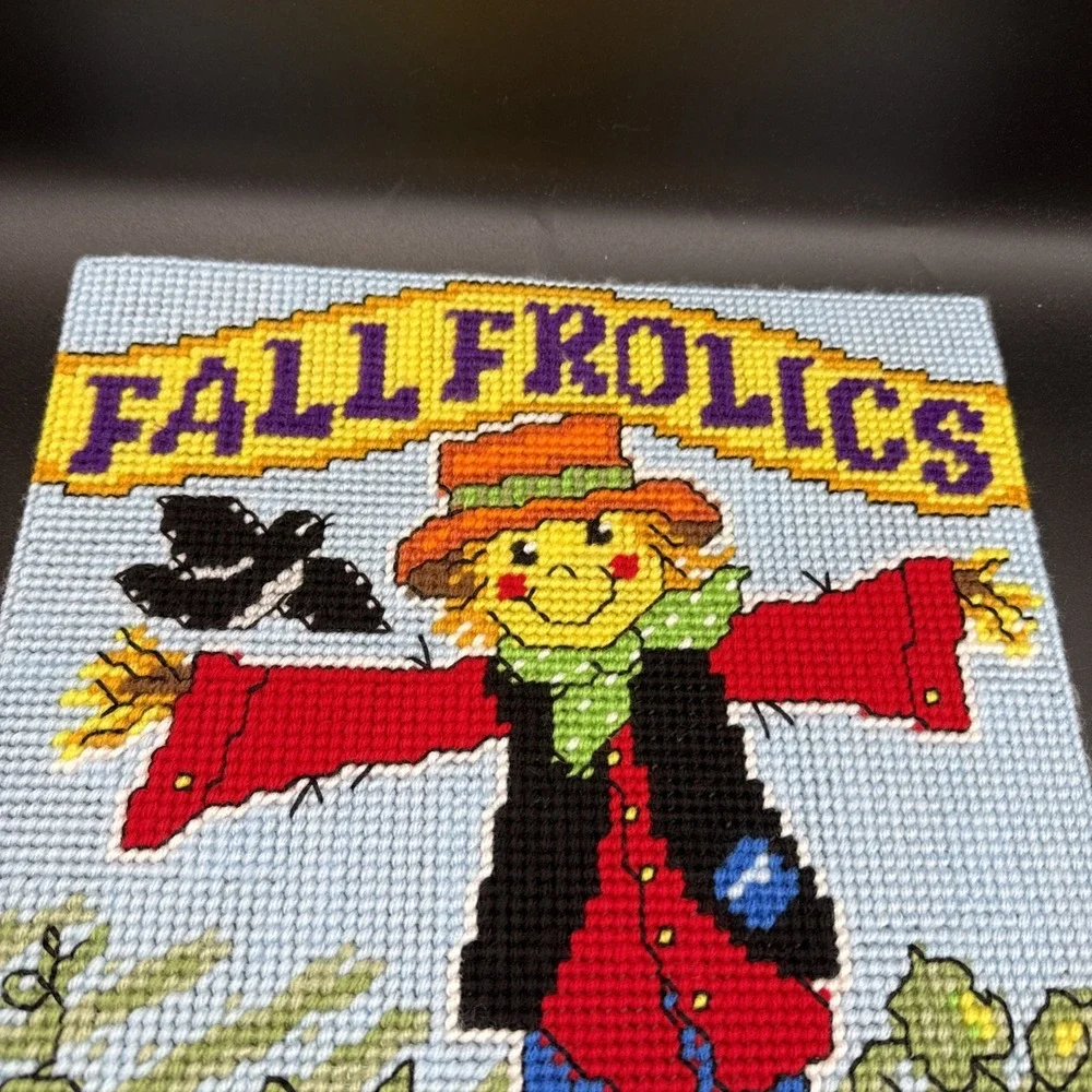 Plastic Canvas Fall Wall Decor Completed Scarecrow Pumpkins 12 X 18